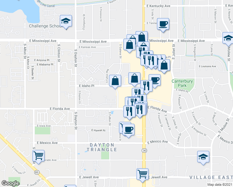 map of restaurants, bars, coffee shops, grocery stores, and more near 1415 South Galena Street in Aurora