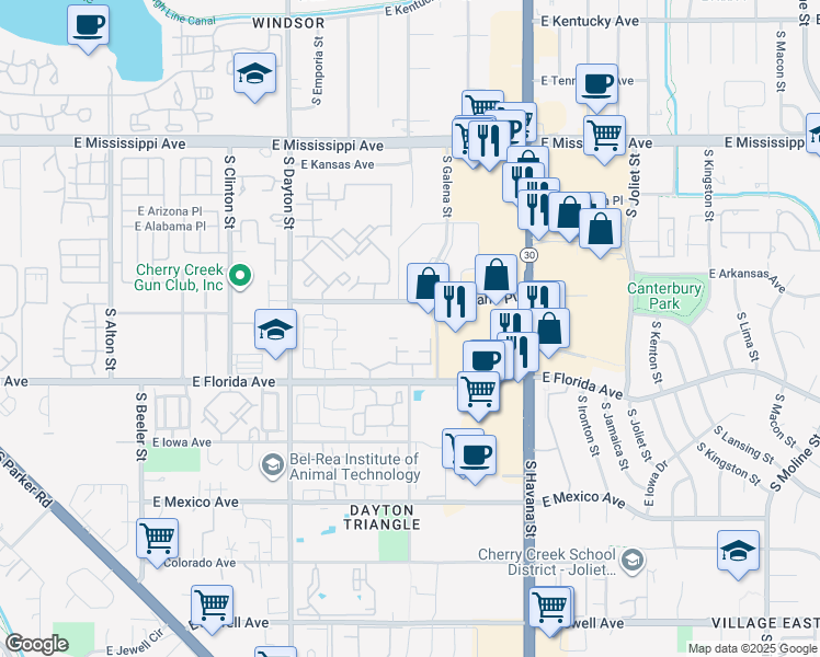 map of restaurants, bars, coffee shops, grocery stores, and more near 1435 South Galena Way in Denver
