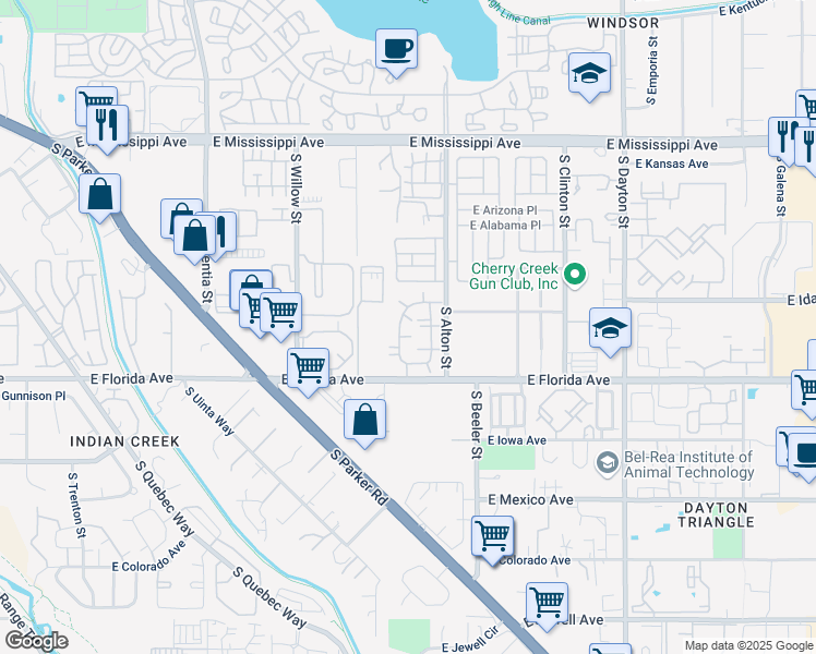 map of restaurants, bars, coffee shops, grocery stores, and more near 8881 East Florida Avenue in Denver