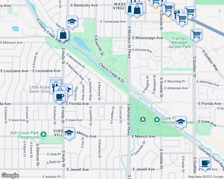 map of restaurants, bars, coffee shops, grocery stores, and more near 6205 East Minnesota Drive in Denver