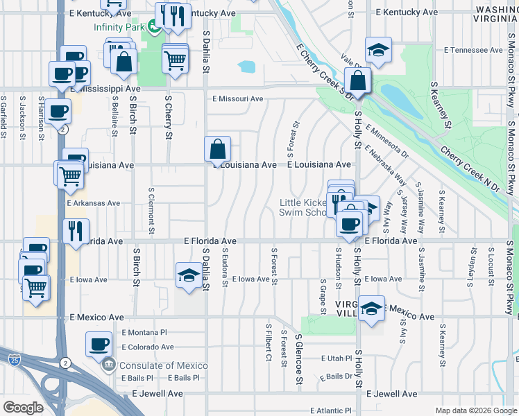 map of restaurants, bars, coffee shops, grocery stores, and more near 1387 South Fairfax Street in Denver