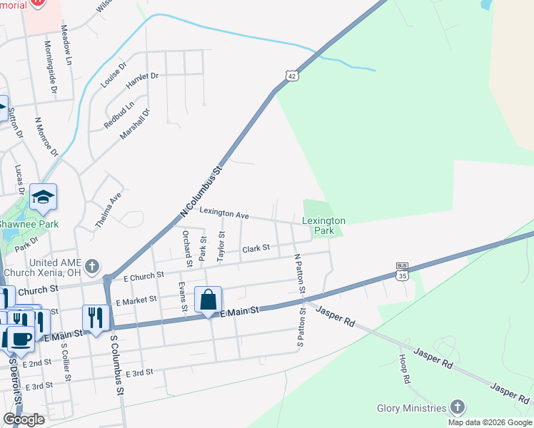 map of restaurants, bars, coffee shops, grocery stores, and more near 351 Lexington Avenue in Xenia
