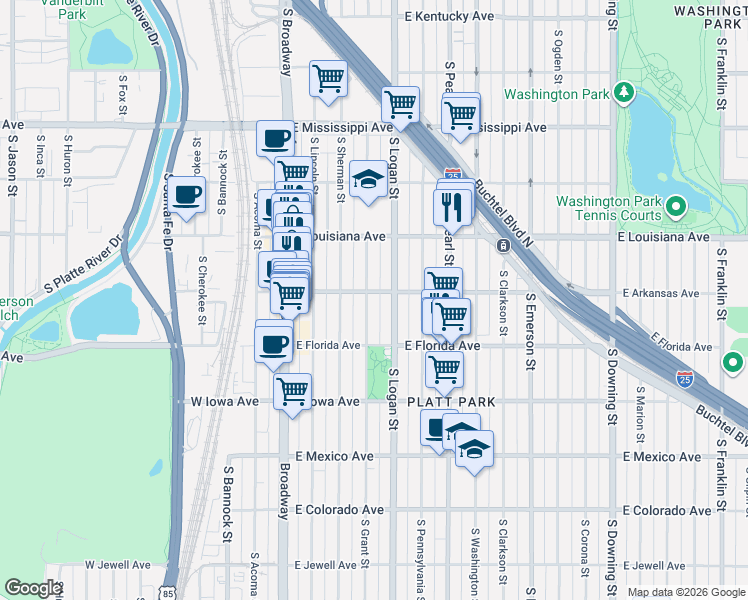 map of restaurants, bars, coffee shops, grocery stores, and more near 1370 South Grant Street in Denver