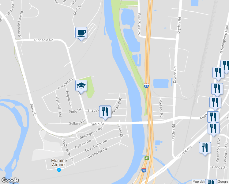map of restaurants, bars, coffee shops, grocery stores, and more near 3301 Outdoor Road in Moraine