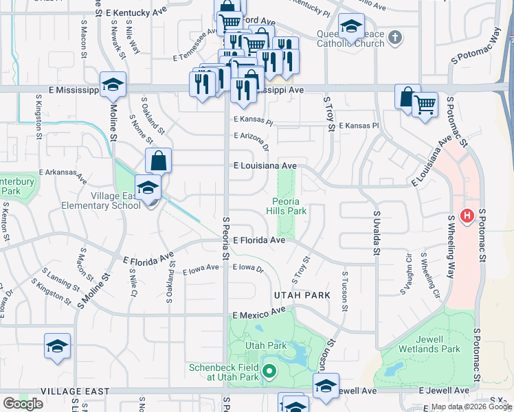 map of restaurants, bars, coffee shops, grocery stores, and more near 12220 East Arkansas Avenue in Aurora