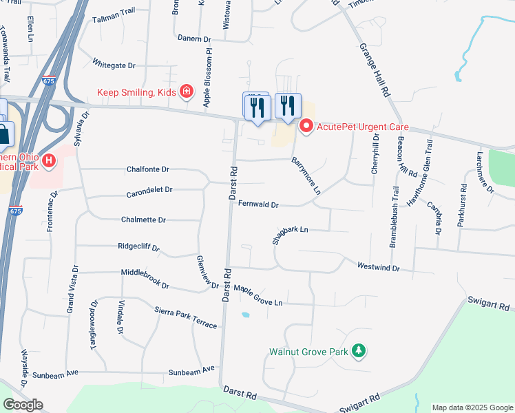 map of restaurants, bars, coffee shops, grocery stores, and more near 3968 Fernwald Drive in Beavercreek