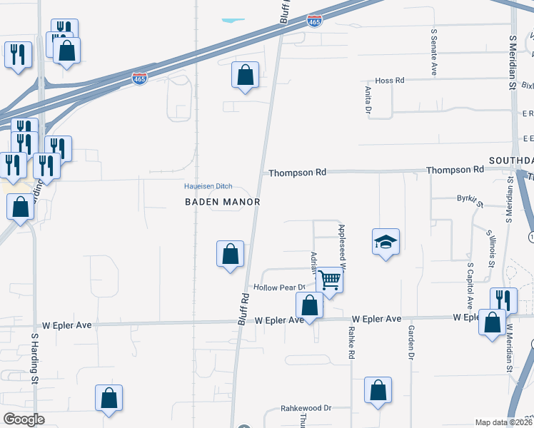 map of restaurants, bars, coffee shops, grocery stores, and more near 5135 Bluff Road in Indianapolis