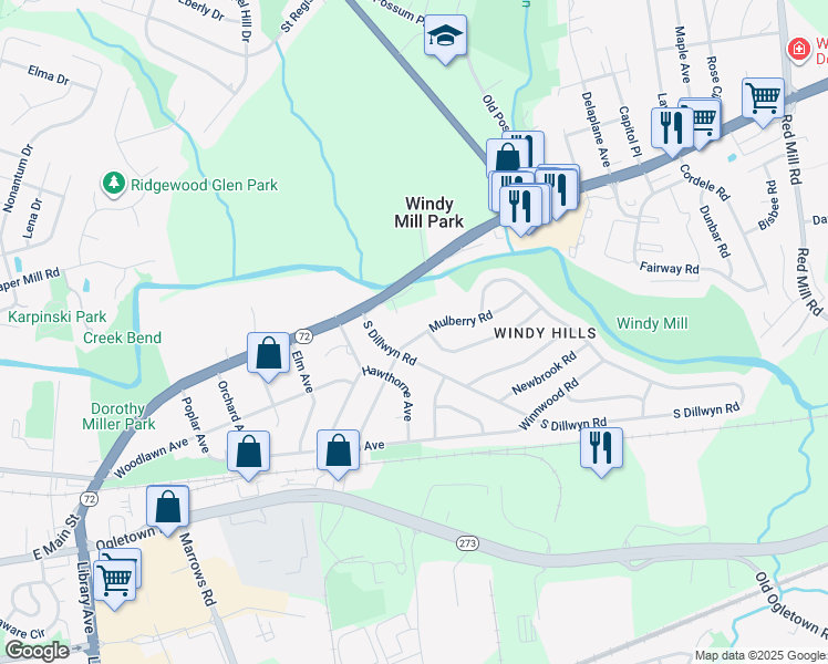 map of restaurants, bars, coffee shops, grocery stores, and more near 6 Mulberry Road in Newark