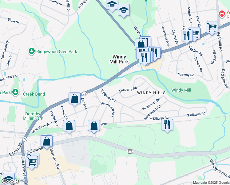 map of restaurants, bars, coffee shops, grocery stores, and more near 6 Mulberry Road in Newark