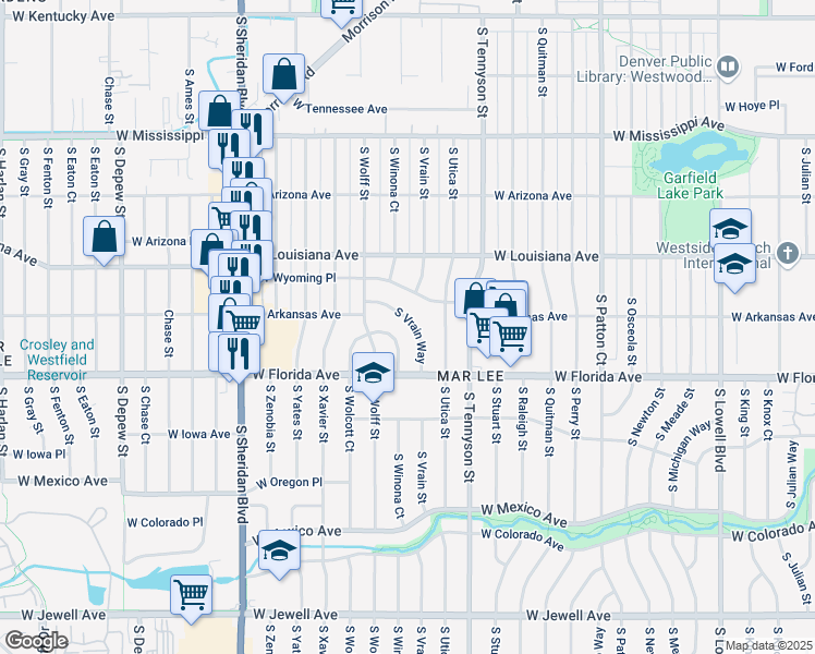 map of restaurants, bars, coffee shops, grocery stores, and more near 1400 South Vrain Way in Denver