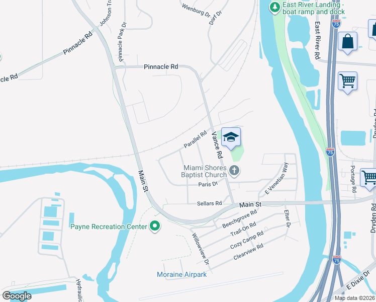 map of restaurants, bars, coffee shops, grocery stores, and more near 3801 Angus Lane in Moraine