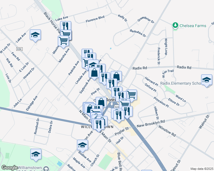 map of restaurants, bars, coffee shops, grocery stores, and more near 220 Pine Street in Monroe Township