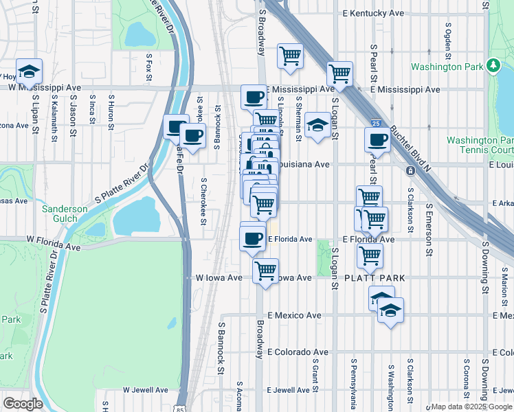 map of restaurants, bars, coffee shops, grocery stores, and more near 1395 South Broadway in Denver