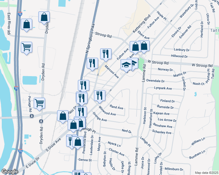 map of restaurants, bars, coffee shops, grocery stores, and more near 2412 Blanchard Avenue in Moraine