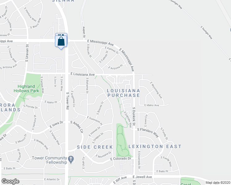 map of restaurants, bars, coffee shops, grocery stores, and more near 1361 South Cathay Court in Aurora