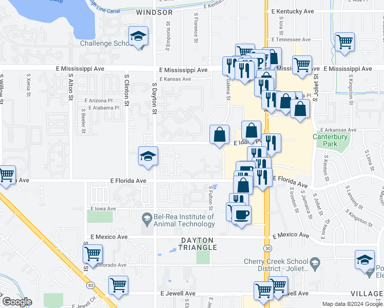 map of restaurants, bars, coffee shops, grocery stores, and more near 9911 East Idaho Circle in Denver