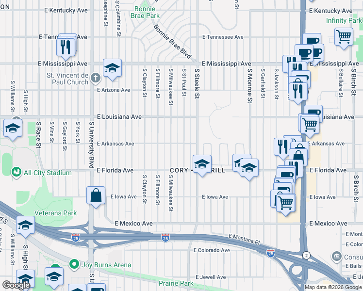 map of restaurants, bars, coffee shops, grocery stores, and more near 1364 South Milwaukee Street in Denver