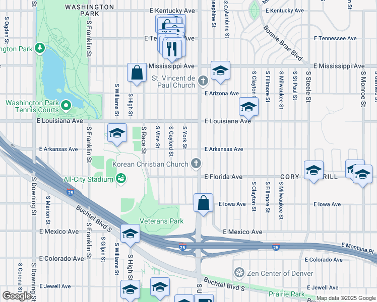 map of restaurants, bars, coffee shops, grocery stores, and more near 1383 South York Street in Denver