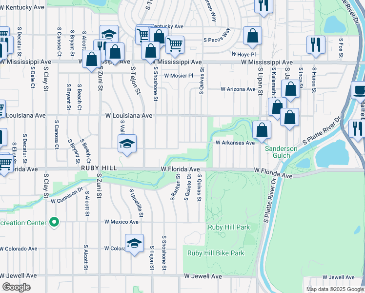 map of restaurants, bars, coffee shops, grocery stores, and more near 1377 South Raritan Street in Denver