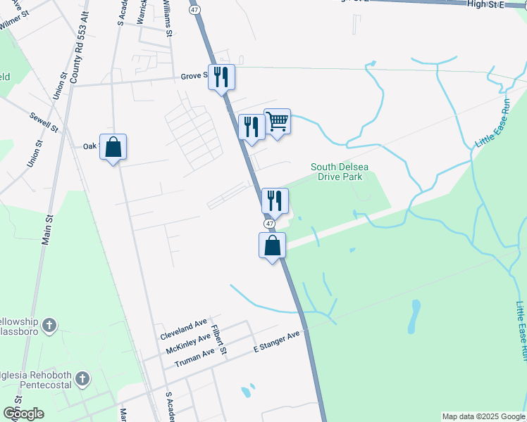 map of restaurants, bars, coffee shops, grocery stores, and more near 149 Delsea Drive South in Glassboro