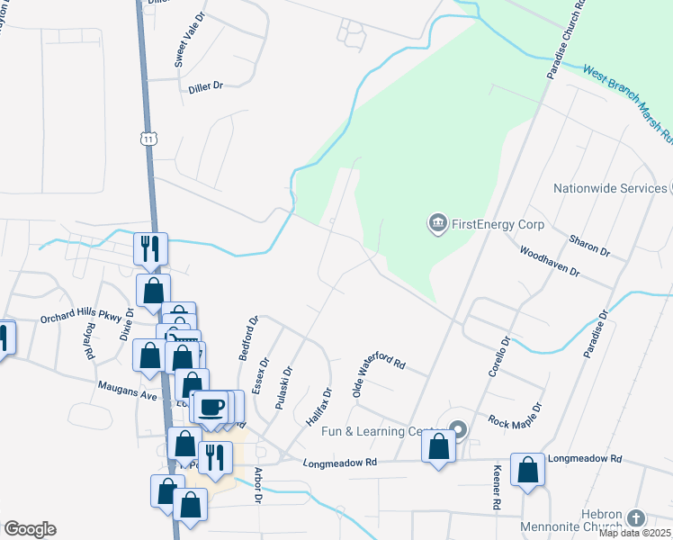 map of restaurants, bars, coffee shops, grocery stores, and more near 13702 Pulaski Drive in Hagerstown