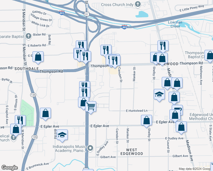 map of restaurants, bars, coffee shops, grocery stores, and more near 5105 Turtle Creek Court in Indianapolis