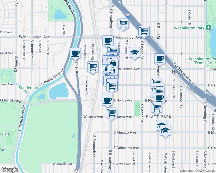 map of restaurants, bars, coffee shops, grocery stores, and more near 1395 South Broadway in Denver