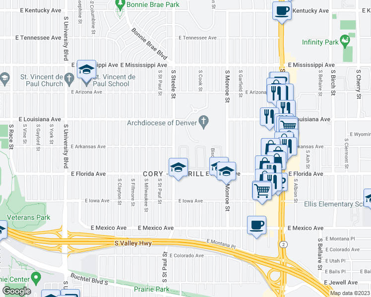 map of restaurants, bars, coffee shops, grocery stores, and more near 30 Biscayne in Denver
