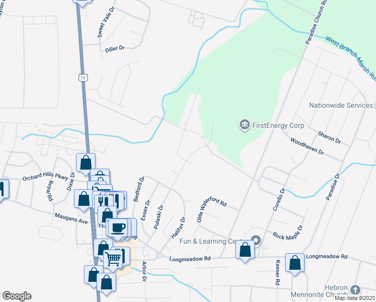 map of restaurants, bars, coffee shops, grocery stores, and more near 13702 Pulaski Drive in Hagerstown