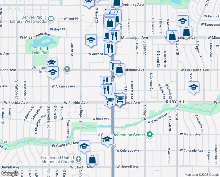 map of restaurants, bars, coffee shops, grocery stores, and more near 1395 South Federal Boulevard in Denver