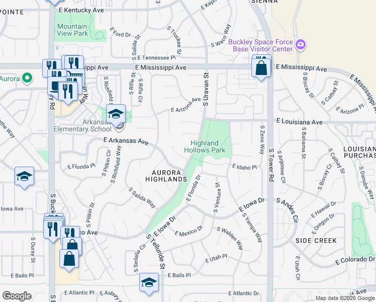 map of restaurants, bars, coffee shops, grocery stores, and more near 17863 East Idaho Place in Aurora
