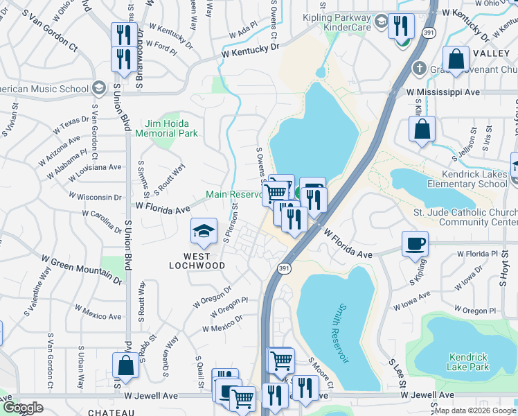 map of restaurants, bars, coffee shops, grocery stores, and more near 10930 West Florida Avenue in Lakewood