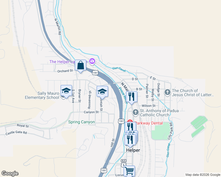 map of restaurants, bars, coffee shops, grocery stores, and more near 40 Garden Street in Helper