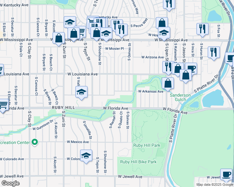 map of restaurants, bars, coffee shops, grocery stores, and more near 1377 South Raritan Street in Denver