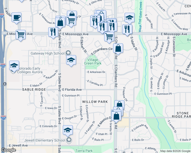 map of restaurants, bars, coffee shops, grocery stores, and more near 15003 East Idaho Place in Aurora