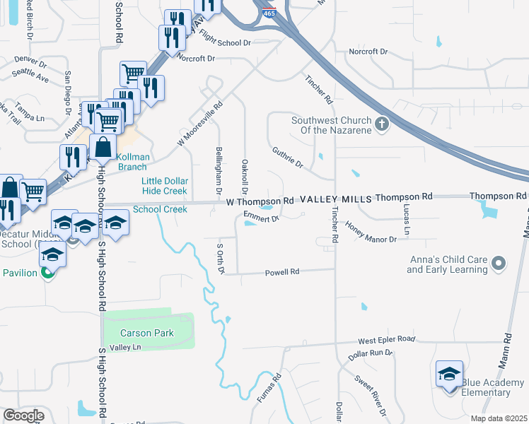map of restaurants, bars, coffee shops, grocery stores, and more near 5030 Emmert Drive in Indianapolis