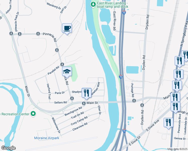 map of restaurants, bars, coffee shops, grocery stores, and more near 3301 Outdoor Road in Moraine