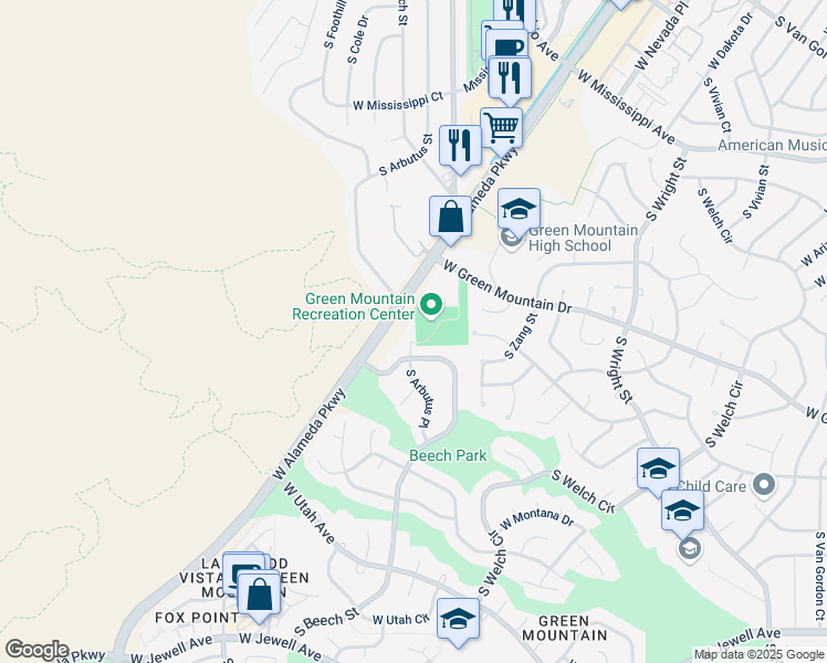 map of restaurants, bars, coffee shops, grocery stores, and more near 1441 South Arbutus Place in Lakewood
