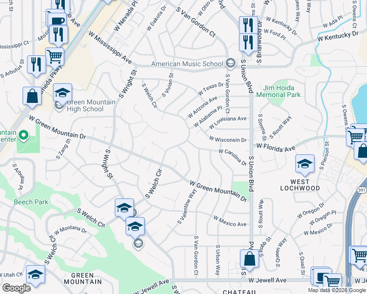 map of restaurants, bars, coffee shops, grocery stores, and more near 1405 South Welch Circle in Lakewood
