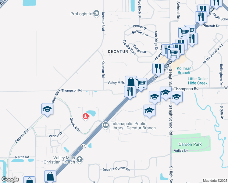 map of restaurants, bars, coffee shops, grocery stores, and more near 6651 Valley Mills Avenue in Indianapolis