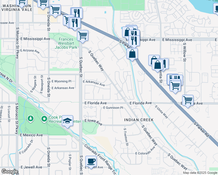 map of restaurants, bars, coffee shops, grocery stores, and more near 7476 East Arkansas Avenue in Denver