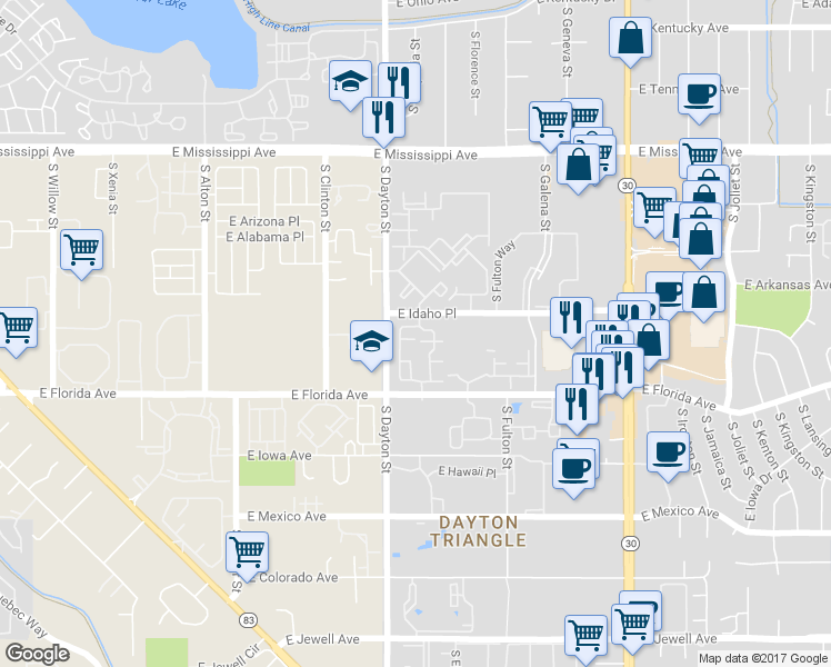 map of restaurants, bars, coffee shops, grocery stores, and more near 9793 East Carolina Place in Denver