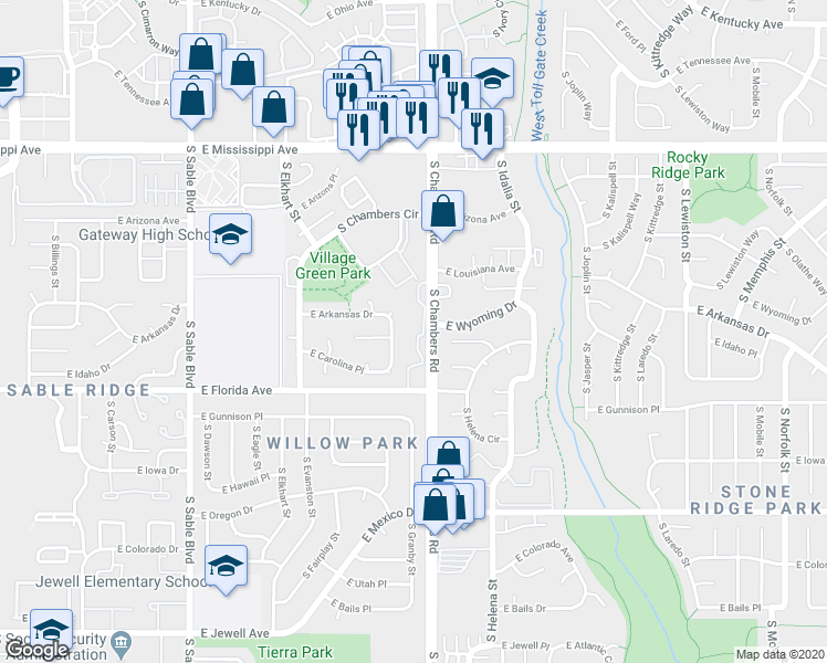 map of restaurants, bars, coffee shops, grocery stores, and more near 15041 East Arkansas Drive in Aurora