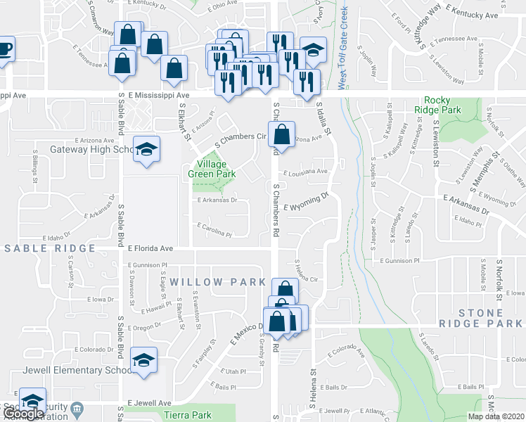 map of restaurants, bars, coffee shops, grocery stores, and more near 1385 South Chambers Road in Aurora