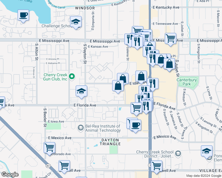 map of restaurants, bars, coffee shops, grocery stores, and more near 1435 South Galena Way in Denver