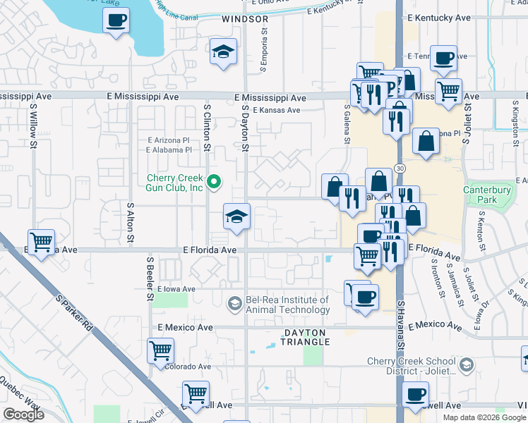 map of restaurants, bars, coffee shops, grocery stores, and more near 9821 East Arkansas Place in Aurora