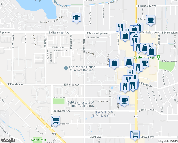 map of restaurants, bars, coffee shops, grocery stores, and more near 9821 East Arkansas Place in Aurora