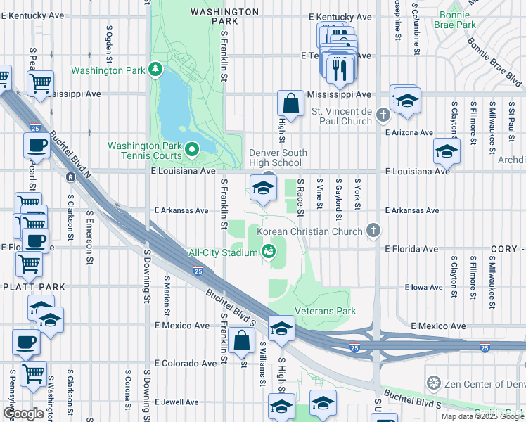 map of restaurants, bars, coffee shops, grocery stores, and more near S Gilpin St in Denver