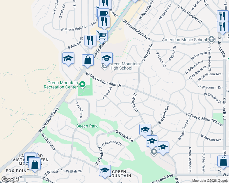 map of restaurants, bars, coffee shops, grocery stores, and more near 1417 South Yank Street in Lakewood