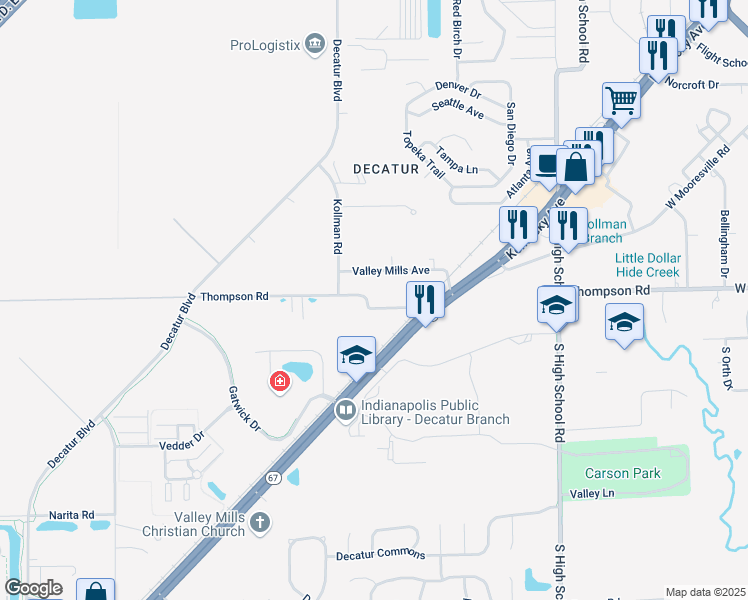 map of restaurants, bars, coffee shops, grocery stores, and more near 6651 Valley Mills Avenue in Indianapolis